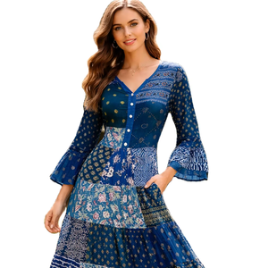 เดรสยาวลายปะติดสีน้ำเงินสำหรับผู้หญิง งานแฮนด์เมดสไตล์อินเดีย แขนยาว ผ้าฝ้ายโบฮีเมียน ดีไซน์กระดุม ชุดลำลอง - Product Image 1