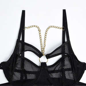 Conjunto de lencería gótica de rejilla con aberturas, ropa interior sexy para mujer, conjunto de sujetador y bragas con liguero, lencería exótica para mujer - Product Image 3