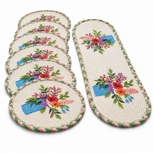 Ensemble de sets de table rectangulaires en jute écologique personnalisables, style campagnard, motif vase floral, bordure tressée, vente en gros - Product Image 3