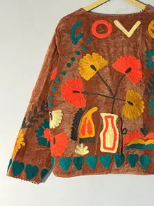 Women Brown Embroidered <b>Velvet</b> Suzani <b>Jacket</b> With Floral Pattern Boho Full Sleeve V-Neck Prairie Chic Style Winter Outerwear - Product Image 3