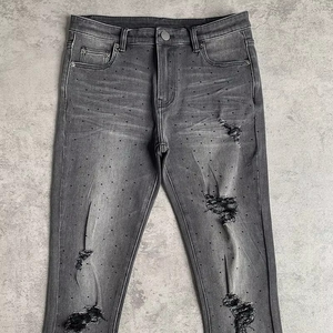 EDGE DENIM Custom logo Plain Vintage Distressed Washed Designer Black Rhinestone <b>Elasticity</b> Stretch Skinny Denim <b>Jeans</b> Men - Product Image 4