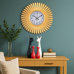 Gold Sunburst Metal Wall <b>Clock</b> Quartz Analog <b>Battery</b> Powered Single Face Geometric Art Deco for Living Room Decor - Product Image 6