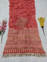 Ensemble Saree en Soie Rouge Imprimé Numérique Infroissable Anti-UV avec Blouse Brodée à Motifs Miroir et Bordure à Pompons Style Traditionnel