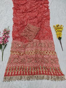 <b>Red</b> Silk Bandhani Print Saree Set Mirror Work <b>Blouse</b> Embroidered Border Tassel Finish-Traditional Indian Wedding Party Outfit - Product Image 6
