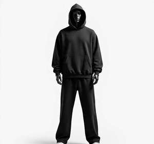 Unisex <b>Black</b> Tracksuit Full Sleeve Hooded Solid Color Loose Fit Drawstring Pants <b>Set</b> Breathable Autumn Wear - Product Image 2