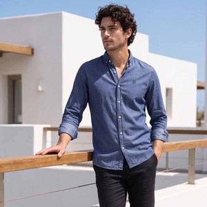 Camisa de Manga Larga de Mezclilla 100% Algodón para Hombre, Color Sólido, Cuello Clásico, Lavada, Antiarrugas, para Otoño - Product Image 5
