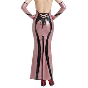 <b>Pink</b> PU Halter Neck Floor-Length Mermaid Dress With Contrast Binding Long Sleeve Fitted Sexy Party Wear - Product Image 4