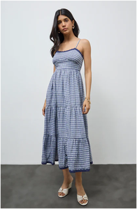 Vestido maxi a cuadros azul marino de mezcla de algodón con dobladillo acampanado, estilo dulce para exteriores, corte moderno, ecológico - Product Image 2