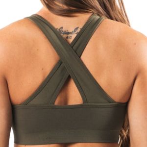 Olive Green Women's <b>Cross</b> Back Sports Bra Breathable Stretch Workout Crop <b>Top</b> for Yoga Gym Running Fitness Training Activewear - Product Image 6