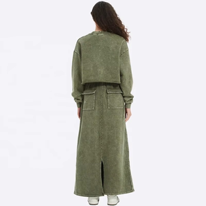 Women's Washed Cotton Tracksuit Set Crew <b>Neck</b> Crop <b>Top</b> <b>Long</b> Skirt Solid Color Full <b>Sleeve</b> Casual Loose Fit Drawstring Closure - Product Image 2