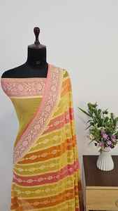 Sari en soie 100% pure Banarasi Khaddi Chiffon Georgette, teinture au pinceau Rangkat de luxe, pour soirée, ethnique indien traditionnel, séchage rapide - Product Image 4