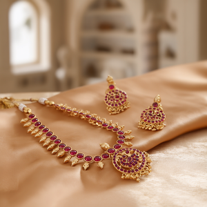 <b>Ruby</b> Kemp Stone Studded Short <b>Necklace</b> with Golden Pearls Fashion Jewelry Set - Product Image 2