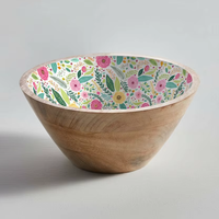 Bol en bois de manguier artisanal avec impression émail marbré craquelé, plat de service pour salade, plat décoratif pour fruits, vaisselle rustique pour la table et la cuisine