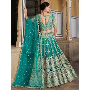 Teal Green <b>Sequins</b> Net Wedding Lehenga Choli Set with Dupatta for Women - Product Image 2