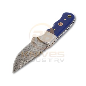 Custom Handmade Damascus Hunting <b>Knife</b> with Blue Resin <b>Handle</b> Fixed Blade Skinning Bushcraft Camping Survival <b>Knife</b> with Leather - Product Image 5