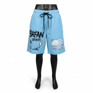 Shorts coupe-vent pour femmes en tissu nylon premium bleu ciel, streetwear, impression sérigraphique, logo personnalisé. - Product Image 6