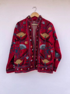MONIT MARKETING Top Trendy Red Velvet Suzani Bomber <b>Jacket</b> | Bohemian Women's Autumn/Winter <b>Reversible</b> Vintage Hand-Embroidered - Product Image 1