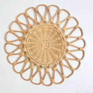 Elegant Floral Rattan <b>Placemat</b> <b>Round</b> Sun Shape Woven Tablemat Heatproof Coaster Rustic Charger Plates For Fine Dining Restaurant - Product Image 1
