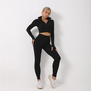 Seamless Yoga Set <b>Crop</b> <b>Top</b> High Waist Leggings Full Length Zipper Closure Black Two Piece Fitness Wear Breathable Sportswear - Product Image 1