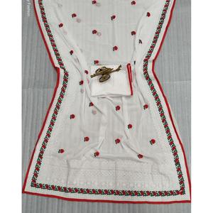 FANTAISIE GEORGETTE BRODERIE BUTTA TRAVAIL SAREE AVEC CHEMISIER NON COUDU BLANC - Product Image 2