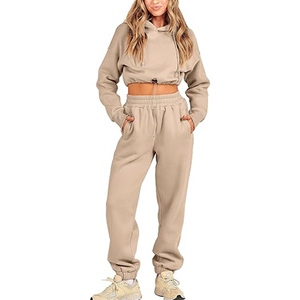 Conjunto de Sudadera Corta con Capucha y Pantalones Deportivos para Mujer, Color Azul Claro, Tejido Casual de Algodón/Fibra de Bambú, Color Sólido, Mangas Largas - Product Image 4