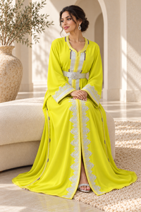 Mishkat Couture Plum <b>Velvet</b> Chartreuse Yellow Moroccan Caftan Silver Embroidery Breathable <b>Maxi</b> <b>Dress</b> V Neck <b>Long</b> <b>Sleeves</b> - Product Image 5