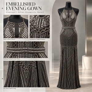 Charcoal Silver Beaded Halter Evening Gown | Geometric <b>Art</b> <b>Deco</b> Embellished Sleeveless Floor Length Formal <b>Dress</b> Fitted Column - Product Image 5