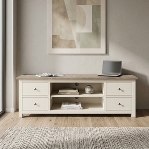 Meuble de salon en bois massif, buffet moderne style farmhouse, credenza bicolore avec base blanche et 4 tiroirs, meuble de rangement multimédia - Product Image 4
