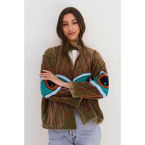 Chaqueta de algodón bordada a mano estilo bohemio Suzani para mujer, abrigo vintage con diseño étnico tribal de ojos. - Product Image 2