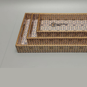 ชุดถาดเสิร์ฟลายดีไซน์เนอร์ ทำจาก MDF เคลือบเงาอย่างดี ลายพิมพ์สีเทาและทอง  แบบซ้อนเก็บได้ - Product Image 6