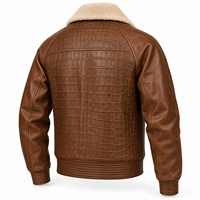 Blouson Bomber Premium en Cuir Marron Motif Croco Vintage pour Homme avec Col Sherpa Chaud, Fermeture Éclair Intégrale, Poignets Côtelés et Poches Latérales Zippées à la Taille