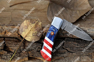 Couteau pliant professionnel artisanal en acier Damas, couteau de poche EDC tactique de chasse avec étui en cuir et manche en bois époxy, OEM - Product Image 3