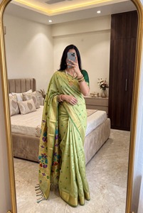 Nouveau sari de mariage en coton Muga vert clair doux et pur avec bordure tissée Meenakari, tenue de mariage indienne traditionnelle - Product Image 2