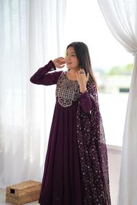 georgette <b>women</b>’s embroidered purple Anarkali <b>kurta</b> pant dupatta ethnic outfit breathable fabric smooth drape festive clothing - Product Image 6