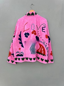 Vibrant Pink Handcrafted Velvet <b>Jacket</b> with Artisanal Floral and Paisley Embroidery Elegant <b>Mandarin</b> <b>Collar</b> <b>Jacket</b> - Product Image 2