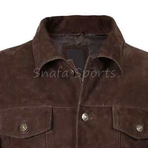 Camisa de ante marrón con botones de cuero para hombre, de invierno, con cuello vuelto de lana de borrego, ajustada, de piel auténtica, en oferta. - Product Image 6