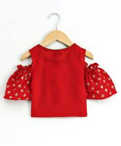 Conjunto de Ropa para Niñas, Top Rojo con Hombros Descubiertos y Pantalones Palazzo, Estilo Étnico, Festivo, Tradicional, para Fiestas - Product Image 2