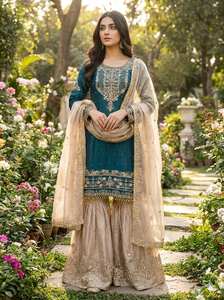 Kurti en soie GMY lourde avec broderie Dori-sequins et travail de perles rivetées, ensemble complet avec Plazzo et Dupatta entièrement cousus, pour femme, style ethnique - Product Image 3