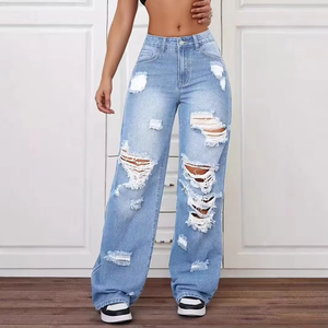 Jean baggy déchiré taille haute pour femme, coupe large, en denim, style streetwear décontracté, mode, OEM, personnalisé, vente en gros - Product Image 3