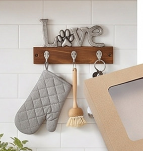 Premium Love Paw Print Wooden Key <b>Rack</b> With 3 Metal Hooks Wall Mounted Rustic Style Decor - Product Image 4