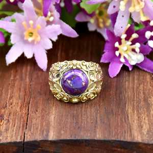 Anillo de Diseño en Plata de Ley 925 con Baño de Oro Vermeil de 18K, Estilo Floral, Hecho a Mano, con Turquesa Púrpura de Corte Ovalado en Engaste de Bisel - Product Image 4