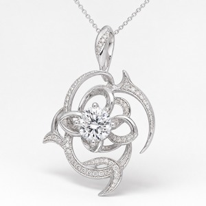 สร้อยคอจี้เพชรทรงกลมประดับลายดอกไม้ทองคำขาว 18K เพชรเพาะเลี้ยงทรงกลมตรงกลาง ประดับเพชรแบบพาเว่ รับรองโดย IGI หรูหรา - Product Image 4