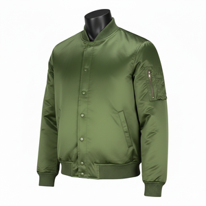 Blouson bomber vert olive pour homme, col montant, coupe classique, couleur unie, fermeture boutonnée, matière polyester, vêtement décontracté d'automne - Product Image 3