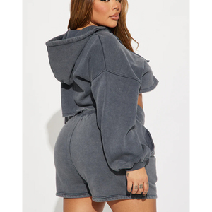 Custom Plus Size Women's Acid Wash Crop Zip Hoodie Sweat Shorts <b>Set</b> 360GSM Heavyweight Polyester/Cotton Regular Summer Casual - Product Image 3