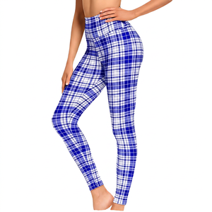 High Waist Plaid Yoga <b>Leggings</b> Full Length Four-Way Stretch Spandex Polyester Elastic Waist Printed Pants - Product Image 4