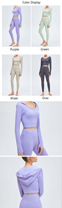 Ensemble de yoga pour femme : Crop top côtelé violet à col en V et dos nageur, leggings taille haute, manches longues, couleur unie, respirant, séchage rapide, devant - Product Image 6