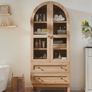 Armoire de présentation moderne en teck avec portes en verre cintrées et design de meuble de rangement de luxe pour salle de bain - Product Image 1