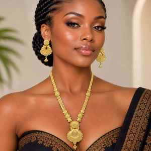 Wholesale 14K 18K 24K Micron Gold Forming Long Necklaces Traditional <b>Floral</b> Design Bridal Jewelry Set Brass Fashion Jewelry Set - Product Image 2