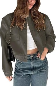 Women's Solid Color PU Leather Bomber <b>Jacket</b> Full <b>Sleeve</b> Stand Collar Patch Pocket <b>Short</b> Length Autumn Wear - Product Image 5