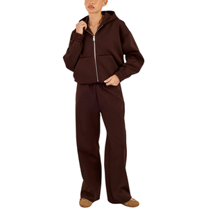 Ensemble de survêtement à capuche zippé pour femme, haut à manches longues et pantalon droit à taille élastique, tenue décontractée deux pièces - Product Image 1